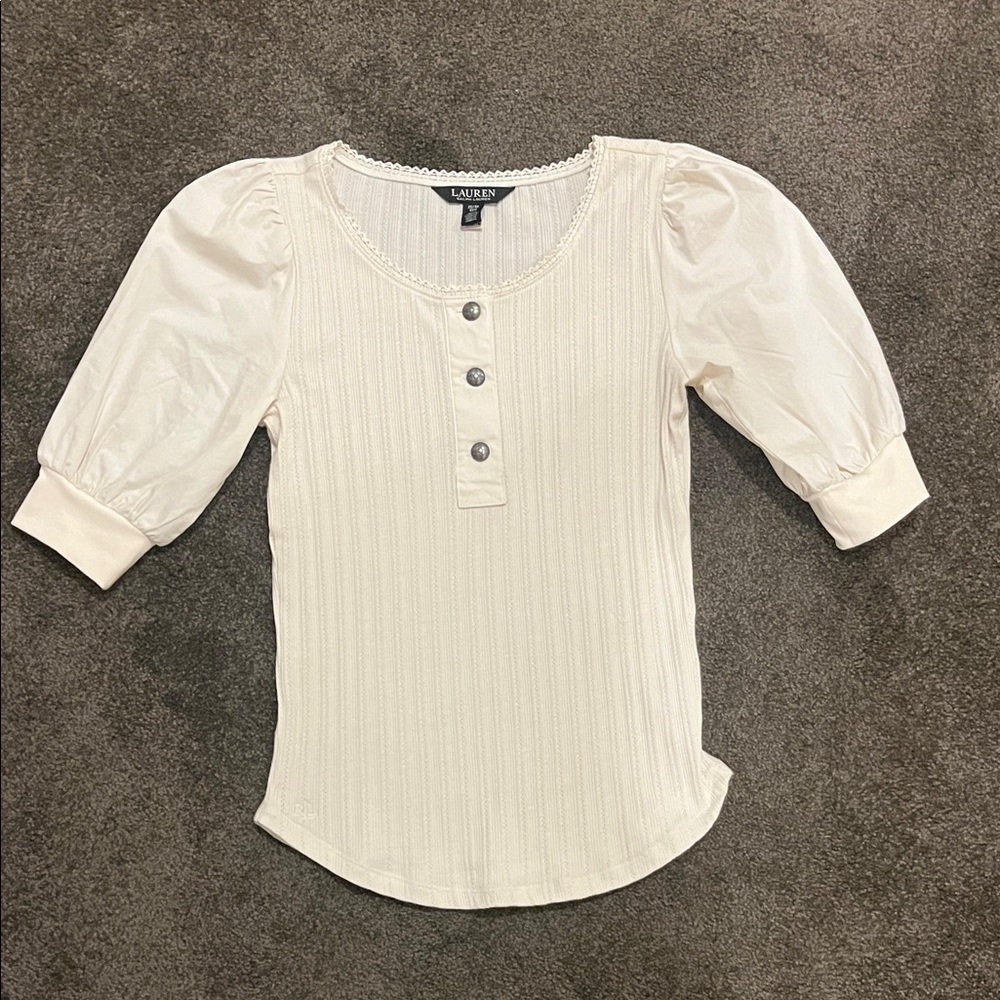 Cream Ribbed Puff-Sleeve Henley Top